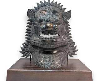 Metal Thai Singha Guardian Lion Mask Sculpture with Stand
