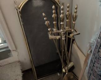 Brass Fireplace Screen and Tools Set