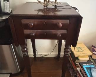 Sheraton Mahogany Drop Leaf Work Table with Candlestick Lamp