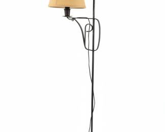 Vintage Wrought Iron Tripod Floor Lamp with Scroll Arm and Fabric Shade