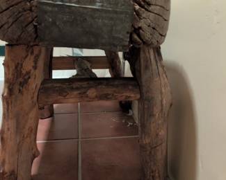 Rustic Carved Wood and Metal Trough Stool third image