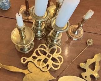 Brass Fireplace Tools and Candlesticks Set