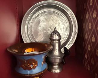 Pewter Salt Shaker and Plate with Decorative Ceramic Pot