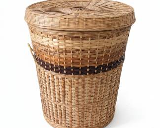 Vintage Wicker Laundry Hamper with Decorative Band and Lid