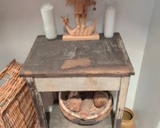 Rustic Wooden Side Table with Carved Figure