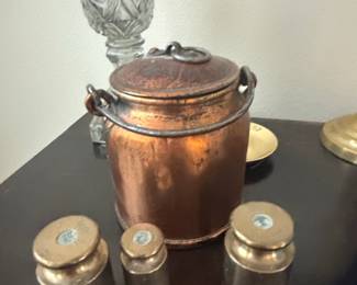 Antique Copper Milk Can with Scale Weights and Crystal Compote