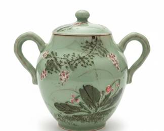 Celadon Glazed Ceramic Teapot with Floral Motif