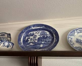 Antique Blue Willow Oval Platter with Scalloped Edge