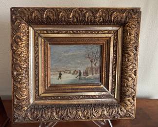 Antique Dutch Winter Scene Oil Painting by Louis Schepens