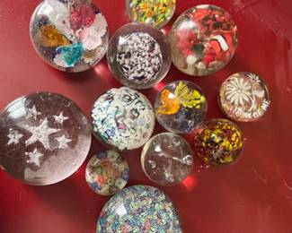 Collection of Assorted Glass Paperweights, including Millefiori and Themed Designs