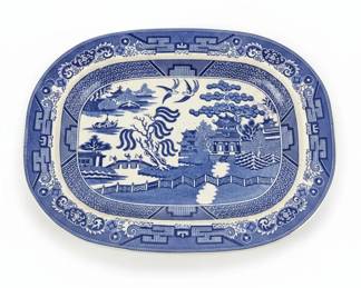 Antique Blue Willow Pattern Oval Platter Staffordshire