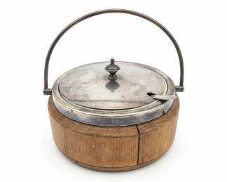 Antique English Oak and Silver Plate Biscuit Barrel