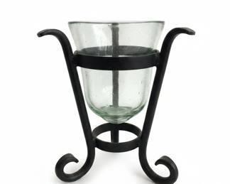 HandBlown Glass Hurricane Candle Holder with Scrolled Wrought Iron Stand