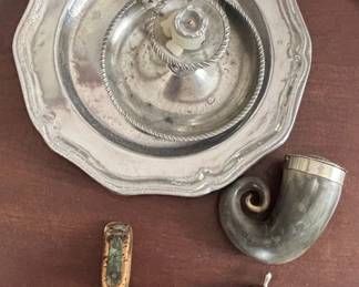 Pewter Candlestick Holder and Assorted Horn and Metal Accessories