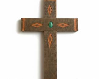 Rustic Wooden Cross with Turquoise Inlay
