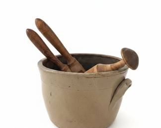 Antique Stoneware Crock with Wooden Utensils