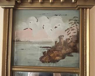Gilt Wood Framed Mirror with Coastal Landscape Painting