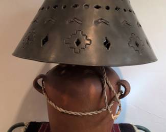 Southwestern Style Terracotta Table Lamp with Punched Tin Shade Direct from Mexico