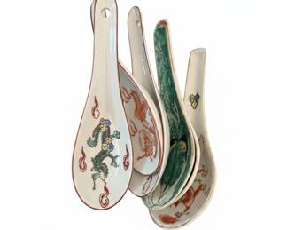 Set of Four Ceramic Asian Soup Spoons with Dragon and Bird Motifs