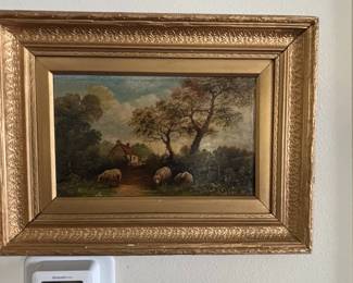 th Century European Sheep Oil Painting in Gilt Frame