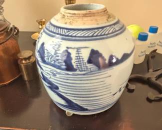 Antique Chinese Qing Dynasty Blue and White Porcelain Ginger Jar
