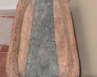 Rustic Carved Wood and Metal Trough Stool second image
