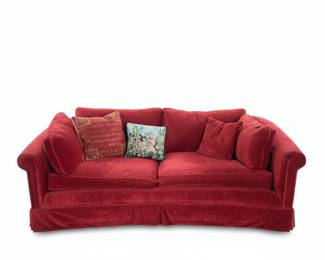 Ethan Allen Crimson Velvet Sofa with Decorative Pillows