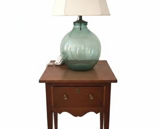 Vintage Green Glass Demijohn Bottle Table Lamp with Wooden Nightstand