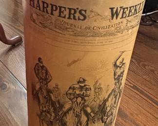 Vintage Harpers Weekly Tin Waste Bin with Equestrian Scene
