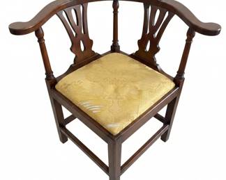 Chippendale Style Mahogany Corner Chair with Carved Back and Floral Upholstery