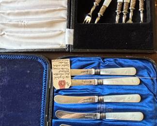 Antique Sterling Silver and Mother of Pearl Butter Knives and Dessert Forks Set