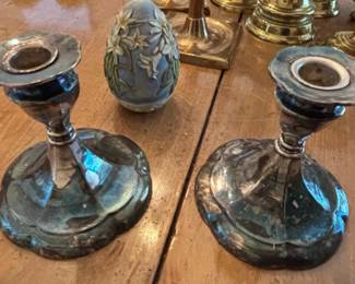 Pair of SilverPlated Candlesticks with Decorative Egg