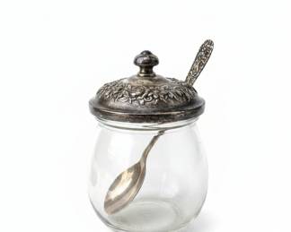 Glass Jam Jar with Ornate Pewter Lid and Spoon