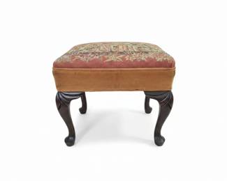 Antique Needlepoint Upholstered Stool with Carved Cabriole Legs