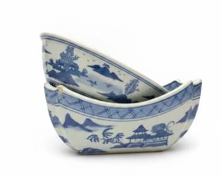 Antique Chinese Canton Blue and White Porcelain Serving Bowls