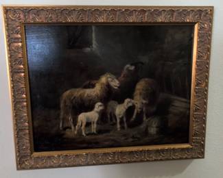 Oil Painting of Sheep and Lambs in a Barn, Attributed to Charles Emile Jacque