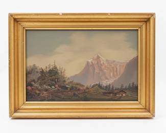 Alpine Landscape Painting with Cabin