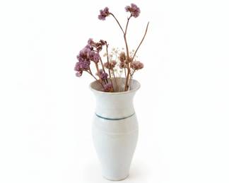 White Ceramic Vase with Blue Bands and Dried Flowers