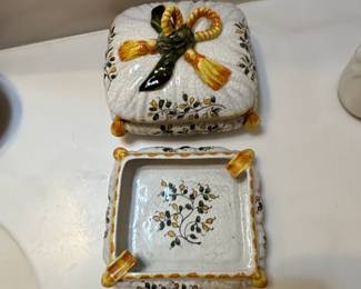 Vintage Italian Ceramic Ashtray and Lidded Box Set with Floral Motif