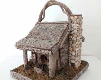 Rustic Log Cabin Birdhouse with Twig Handle and Stone Chimney