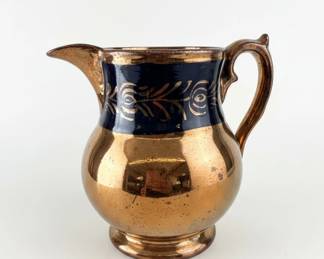 Victorian Copper Lustre Pitcher with Blue Band and Floral Gilt