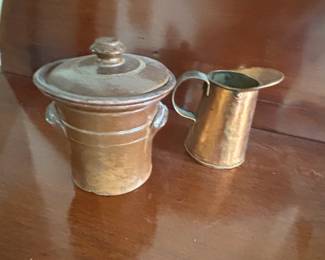 Antique Stoneware Jar with Lid and Small Brass Pitcher