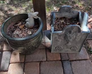 Set of Two Decorative Garden Planters Round Green Ceramic with Bunny Figurine and Rectangular StoneLook with Urn Relief