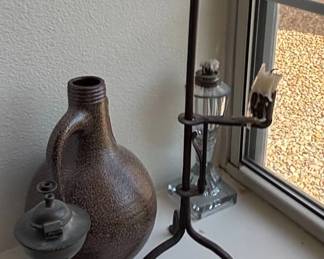 Antique Pewter Oil Lamp and Earthenware Jug Set