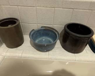 Stoneware Crock and Artisanal Blue Glazed Bowl Set