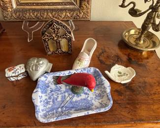 Toile de Jouy Tray with Ceramic Bird Pin Frog and Trinket Dishes