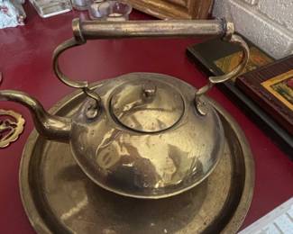 Antique Brass Kettle with Wooden Handle and Tray