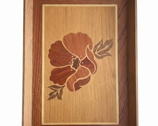 Vintage Wooden Serving Tray with Floral Marquetry Inlay