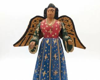 Mexican Folk Art Carved Wood Angel Figure with Companions