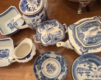 Blue and White Transferware Ceramic Serving Pieces Spode, Willow, and Chinoiserie Patterns